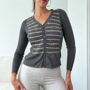 Anthropologie Odille Ribbed Ruched Front Cotton Angola Cashmere Cardigan Sweater